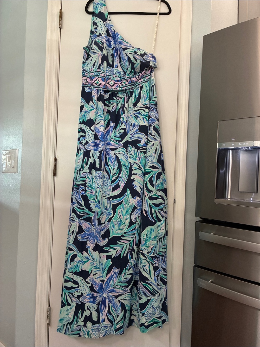 Lilly Pulitzer Navy Blue Floral One-Shoulder Maxi Dress